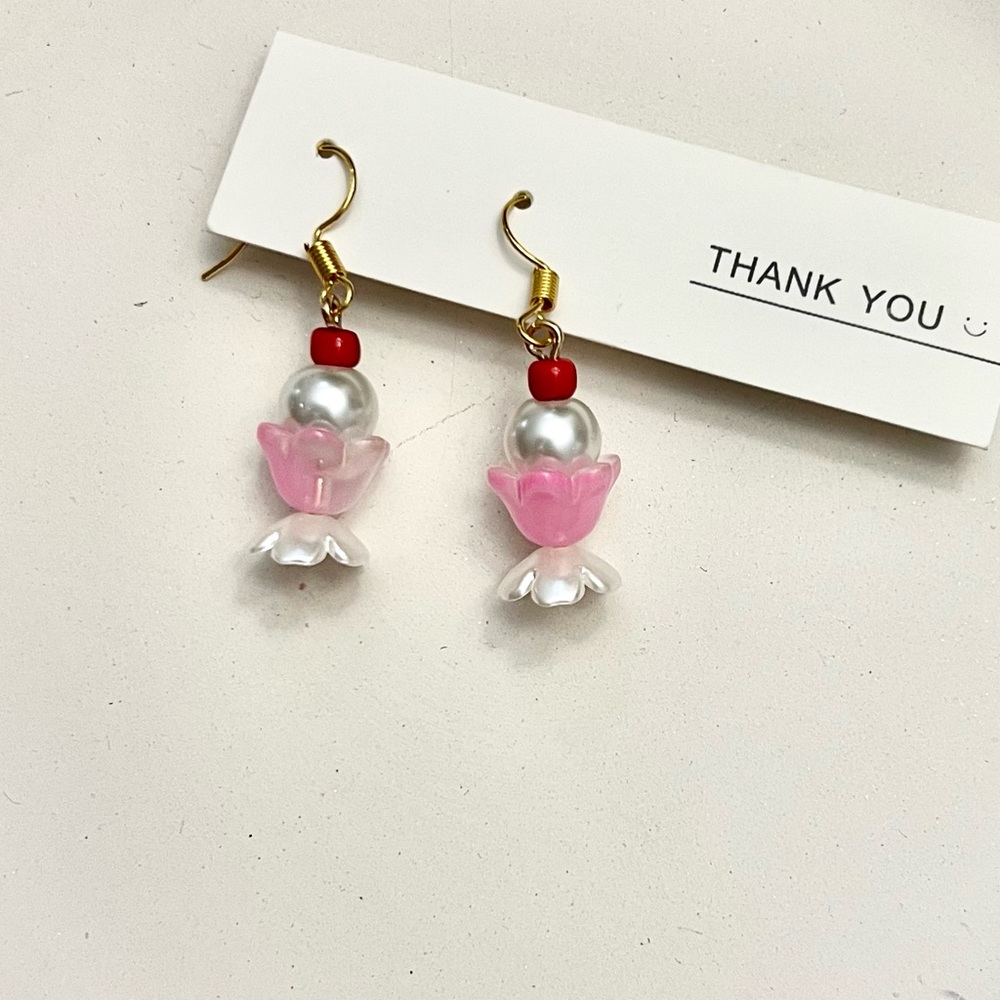 Pink and White Flower Earrings